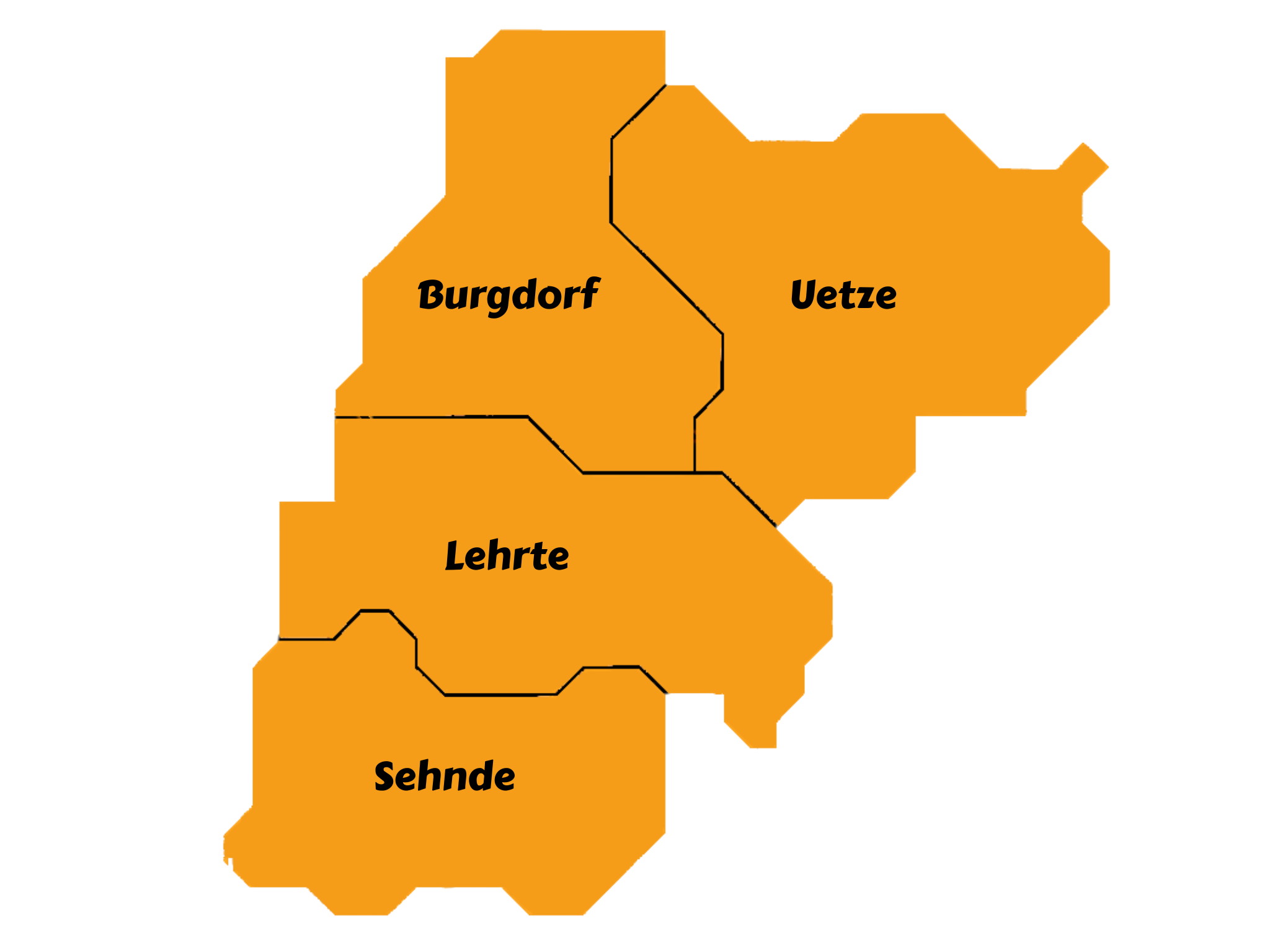 Eine vereinfachte orangefarbene Karte, die in vier beschriftete Regionen unterteilt ist: Burgdorf (oben links), Uetze (oben rechts), Lehrte (Mitte) und Sehnde (unten). Schwarze Linien trennen die Regionen voneinander, und die Bezeichnungen sind in fetter schwarzer Schrift angegeben.