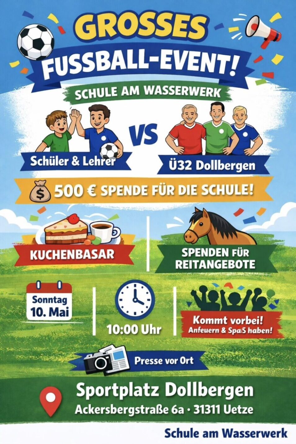 Buntes Plakat zur Werbung für ein Fußballturnier: "Schüler & Lehrer" gegen "Ü32 Dollbergen", mit Spendenaktionen, Kuchenverkauf und Reitbeteiligung. Die Veranstaltung findet am Sonntag, den 10. Mai um 10:00 Uhr auf dem Sportplatz Dollbergen statt.